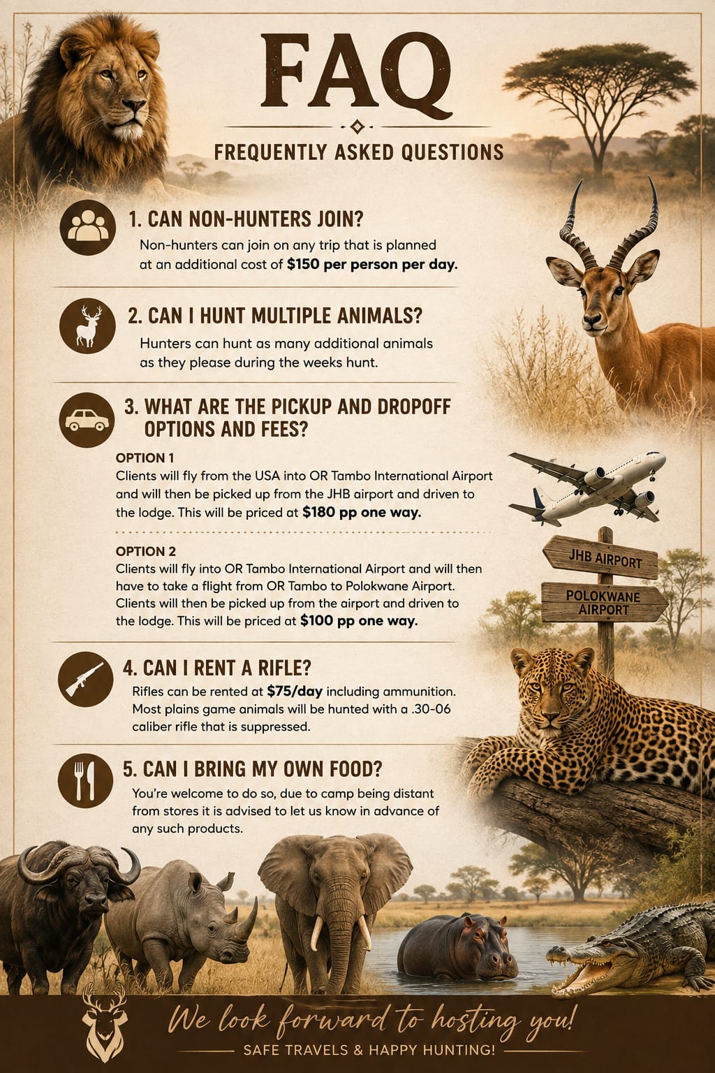 New Generation Safaris FAQ — non-hunters, hunting multiple animals, pickup and drop-off options, rifle rental and bringing your own food.