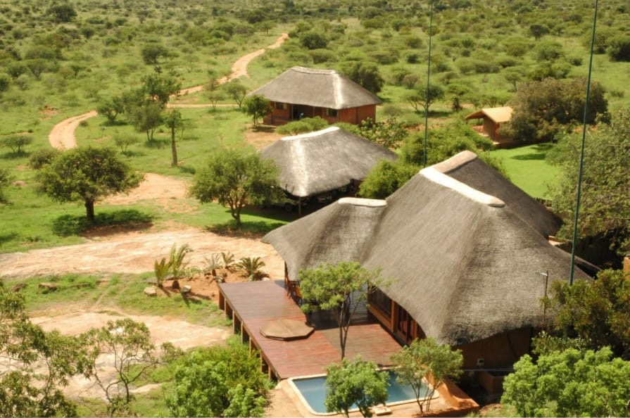 Aerial view of the lodge and pool