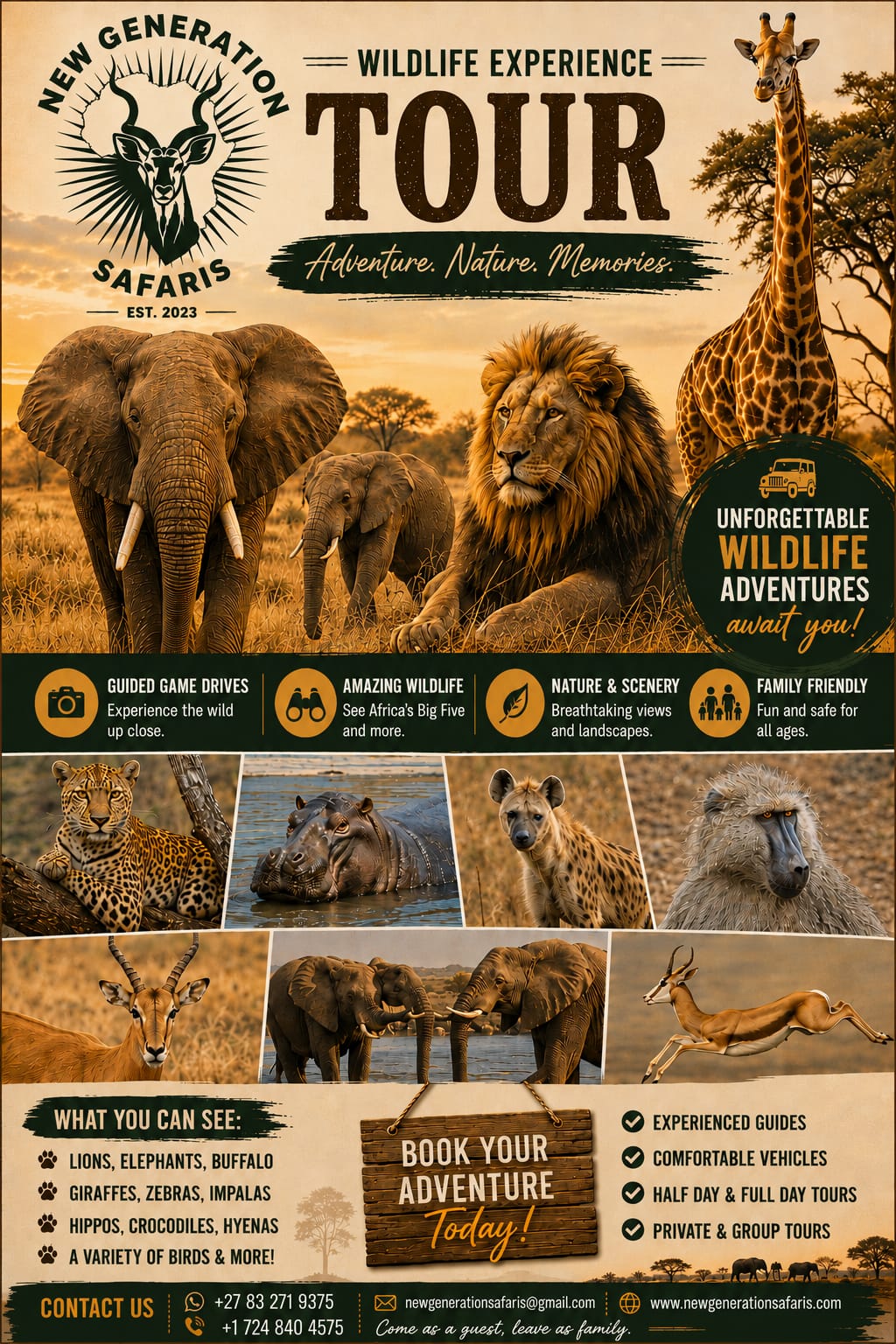 New Generation Safaris Wildlife Experience Tour — guided game drives, Africa's Big Five, giraffes, zebras, hippos, crocodiles and more.